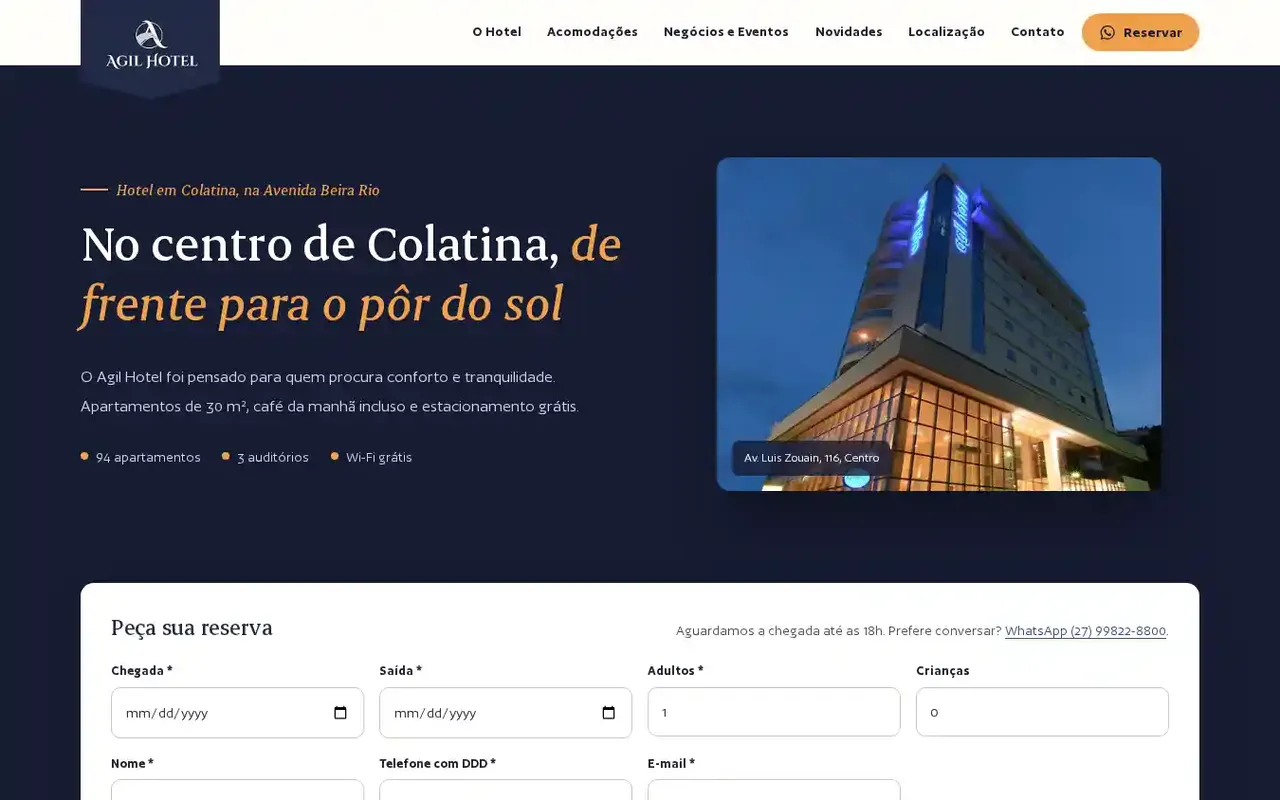 Site do Agil Hotel, hotel na Avenida Beira Rio em Colatina