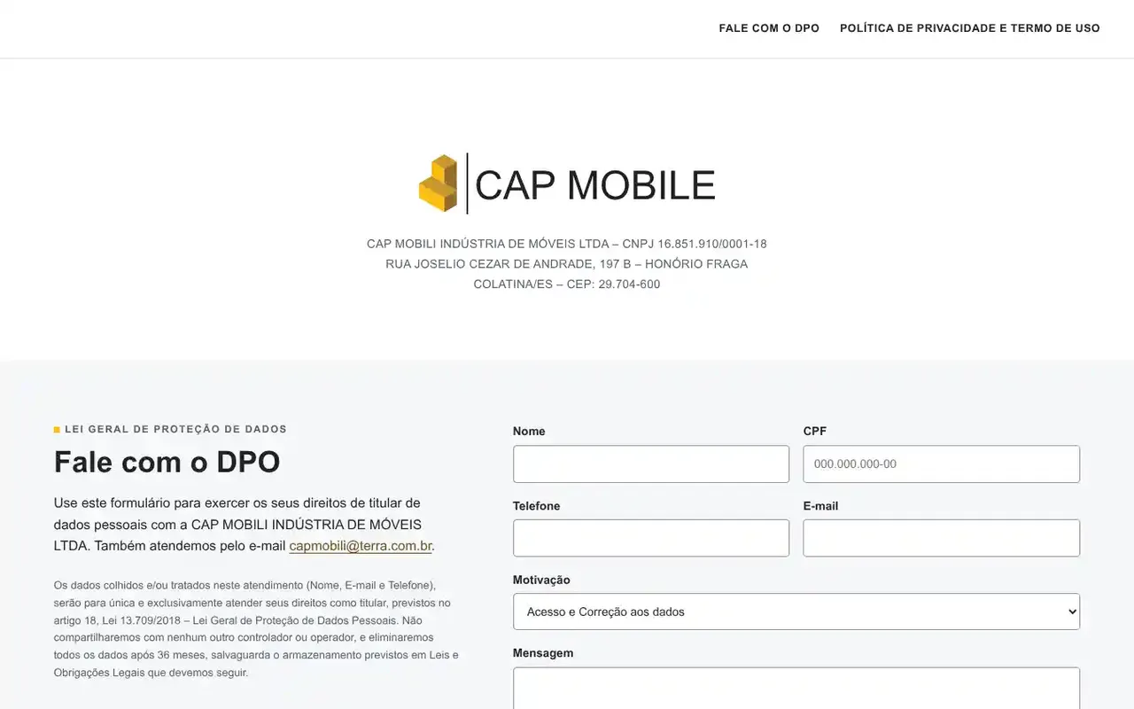 Site da CAP Mobili com o canal do DPO para pedidos de dados pessoais pela LGPD