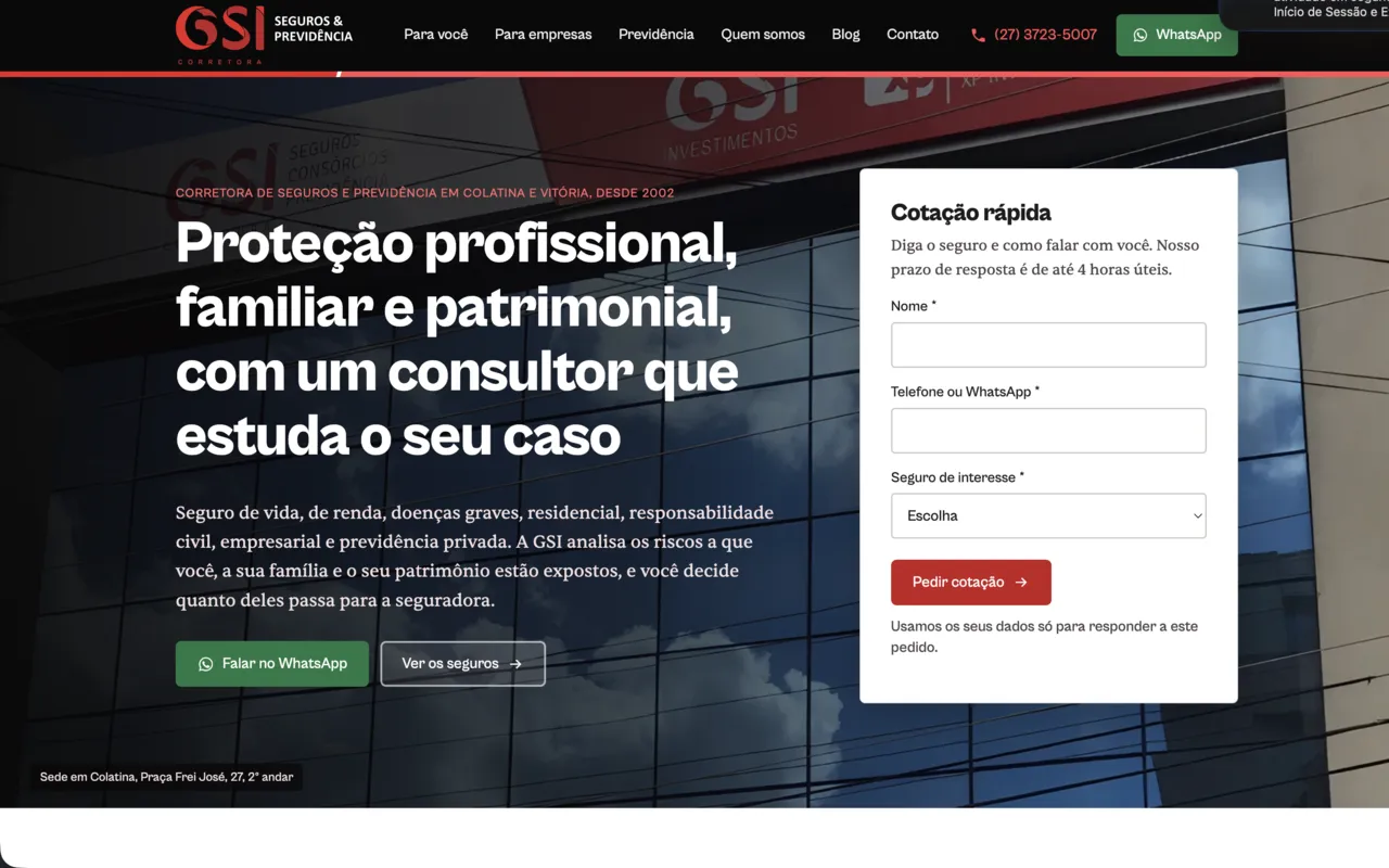 Site da GSI Corretora de Seguros e Previdência