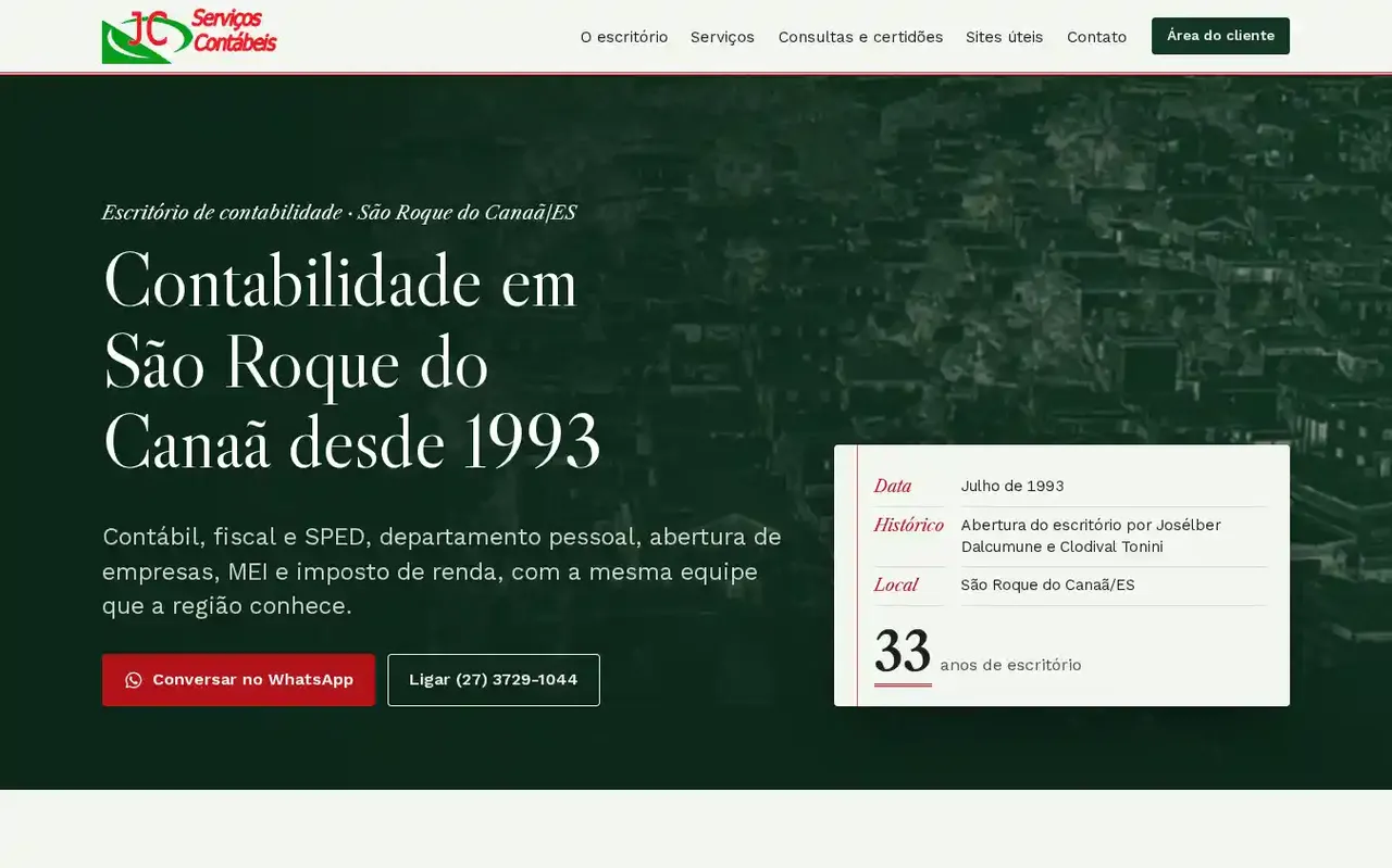 Site da J. C. Serviços Contábeis, escritório de contabilidade em São Roque do Canaã