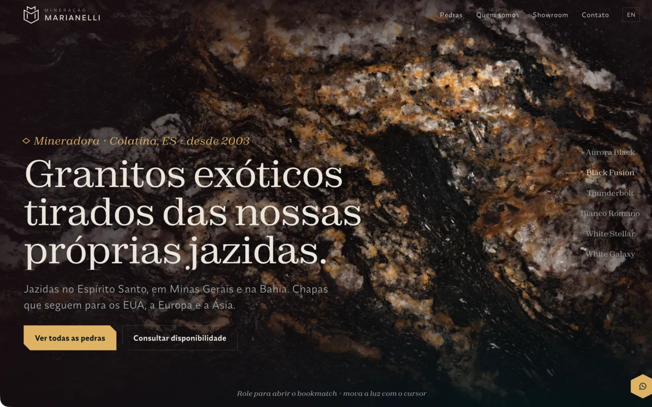 Site da Mineração Marianelli, granitos exóticos de jazidas próprias, com a chapa de Black Fusion em tela cheia