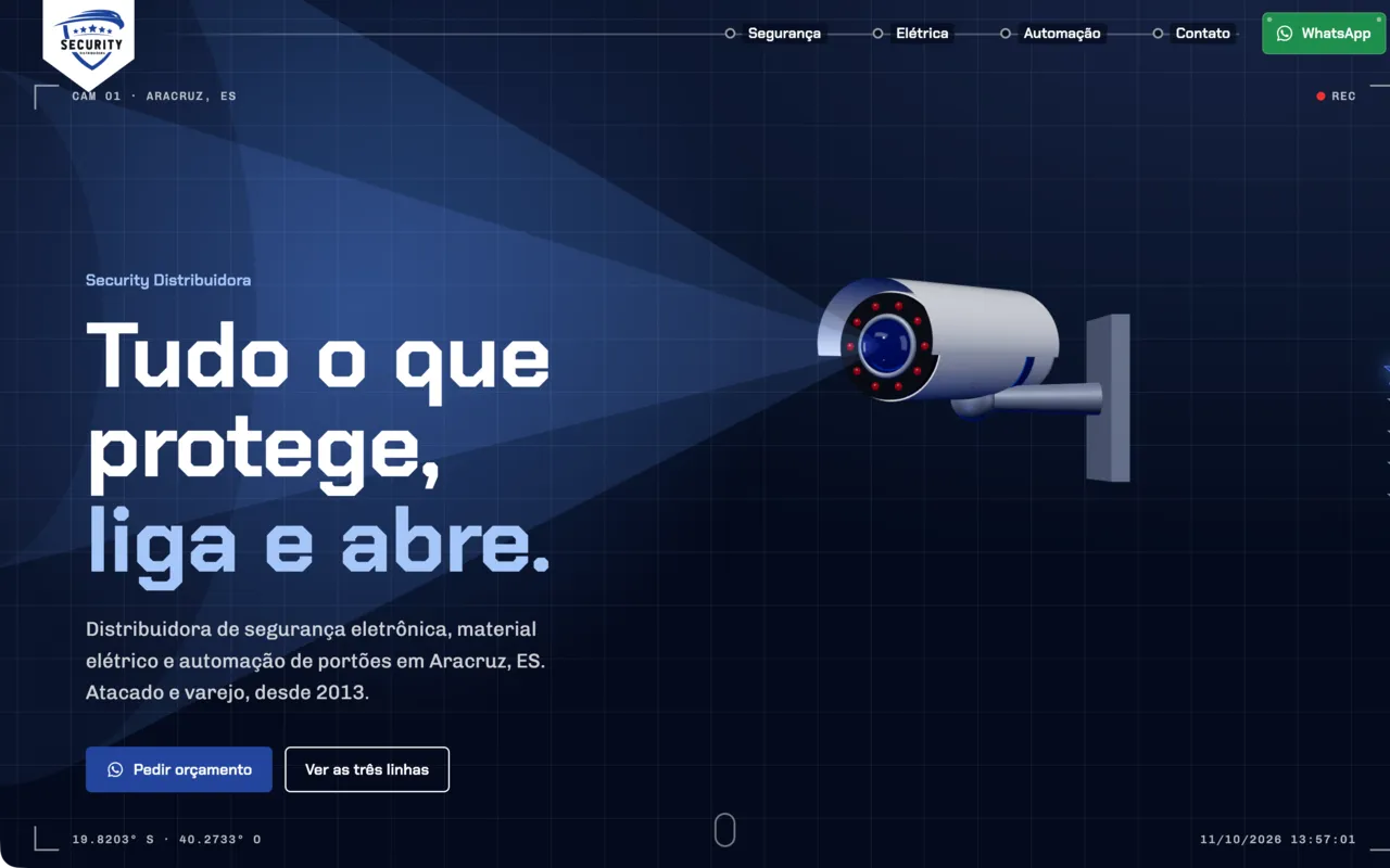 Site da Security Distribuidora com uma câmera de segurança em 3D e o título Tudo o que protege, liga e abre sobre fundo azul-noite