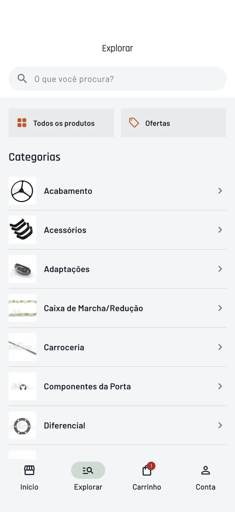 App da Zé Marcos 4x4, categorias de peças